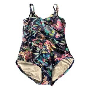 Maxine of Hollywood Floral Paisley One Piece Swimsuit Navy Blue Ruched Womens 12